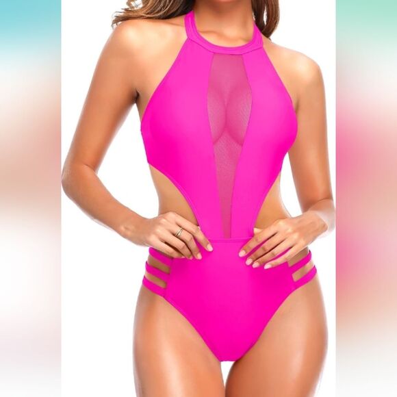 Tempt Me Hot Pink Sexy Mesh High Neck Halter Cutout Swimsuit Size Med NWT - Picture 2 of 5